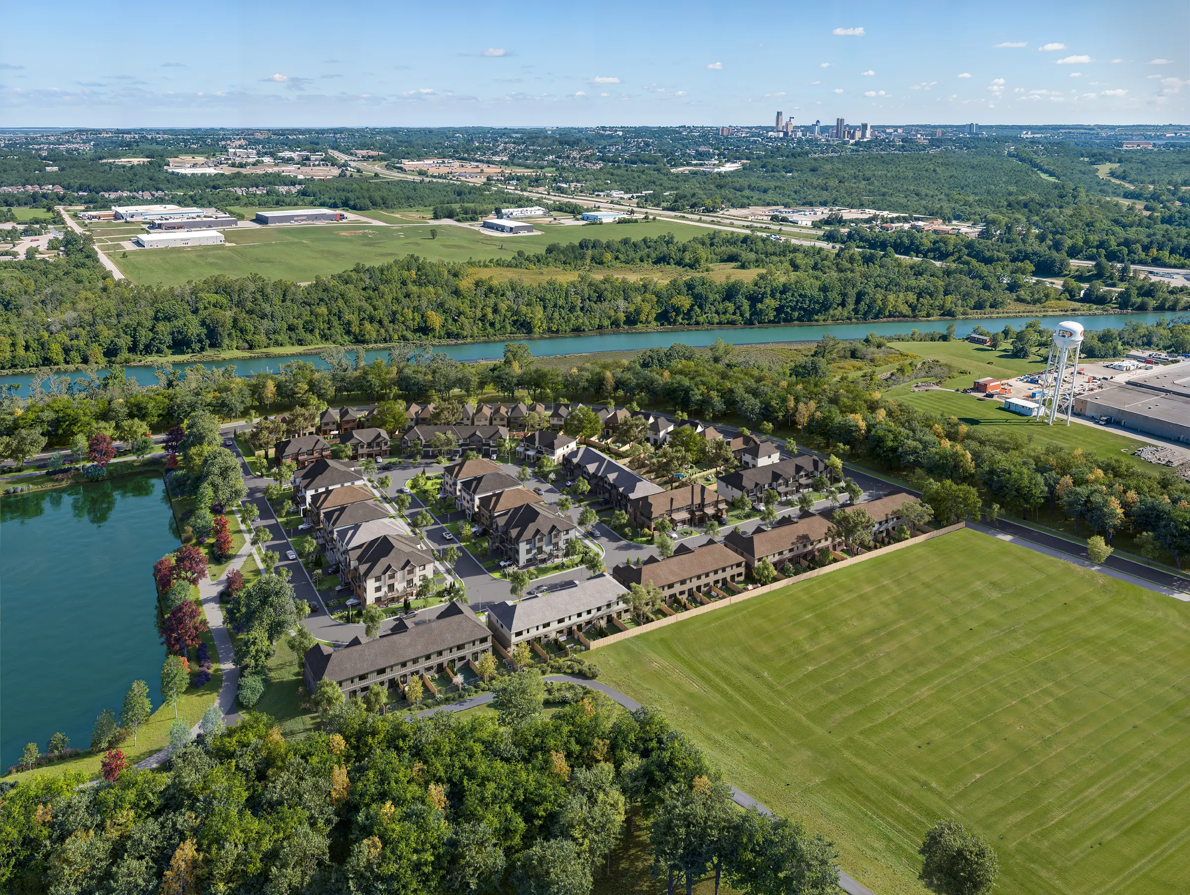 Aerial view of Niagara’s Welland River and the neighbourhood surrounding the Wellwood setting