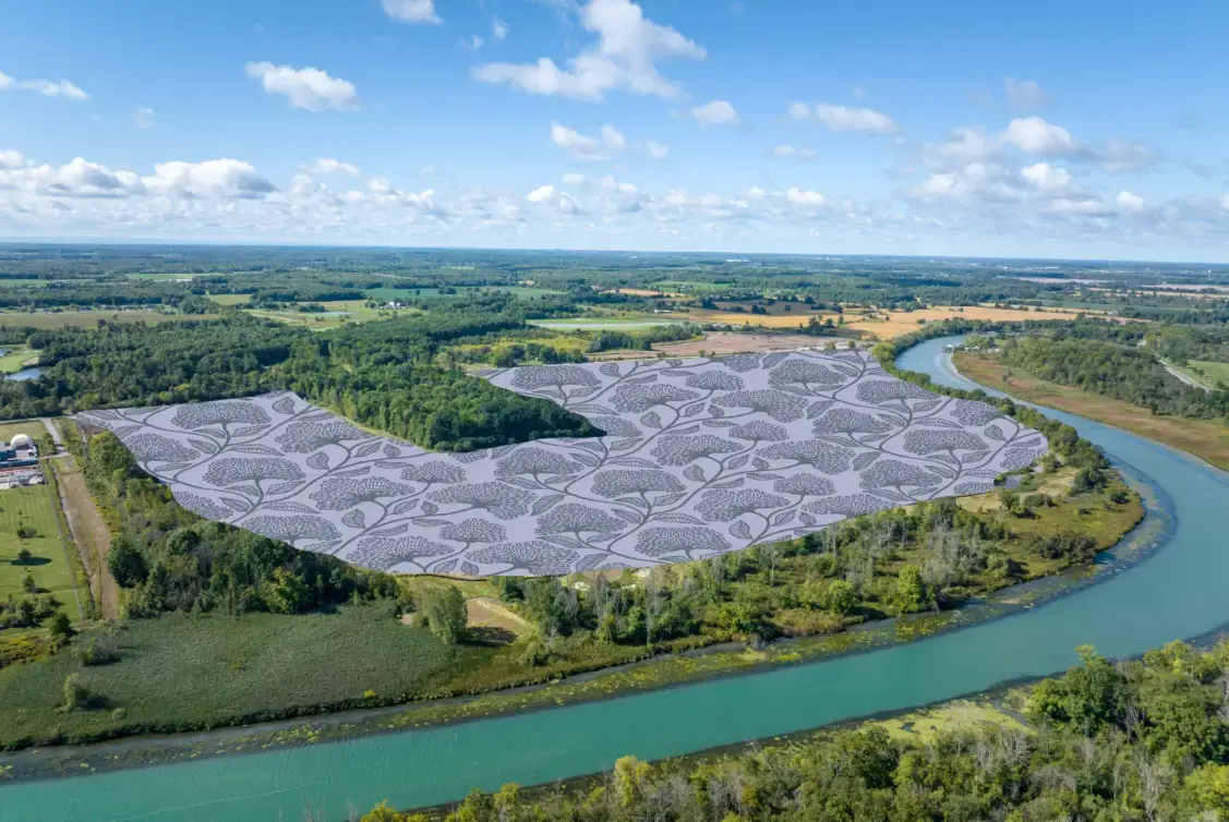 Aerial location illustration showing Wellwood’s land beside the Welland River
